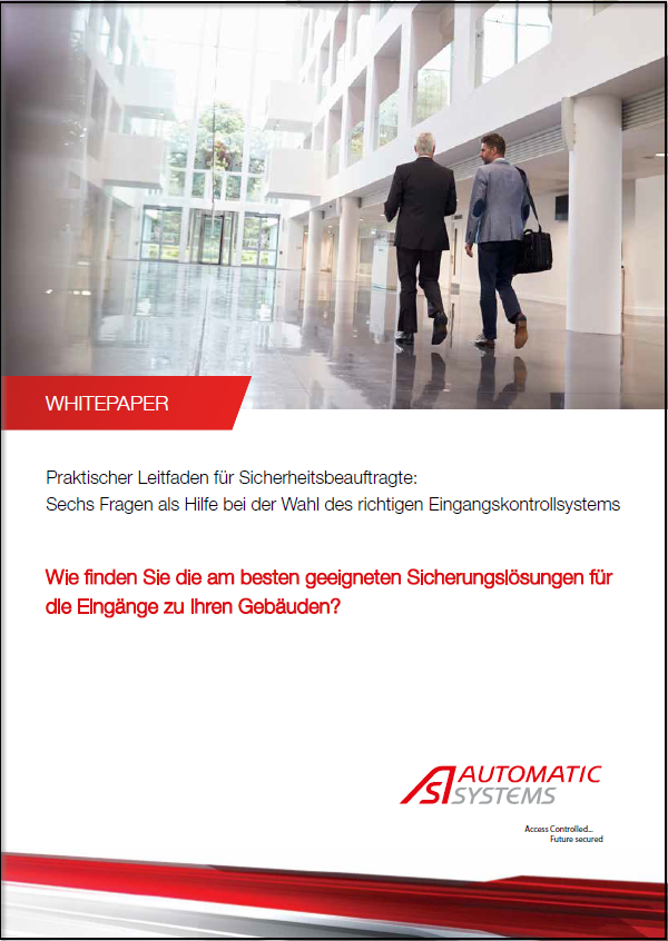 Weshalb sollten Sie in Eingangskontrollsysteme für Gebäudeeingänge investieren? Nach welchen Kriterien sollten Sie sie auswählen? Sind alle Systeme gleichwertig? All diese Fragestellungen sind wichtig für Architekten, Security und Facility Manager, Systemintegratoren, Bauträger und andere Fachleute aus diesem Bereich, um den Gebäudezugang für Personen (Mieter, Besucher, Angestellte, Öffentlichkeit, etc.) zu sichern und zu kontrollieren. Es stehen folgende Produkte zur Auswahl: Dreiarm-Drehsperren, Speedgates mit Glas-Drehtüren oder -Schiebetüren, mannshohe Drehkreuze, Sicherheitsschleusen oder Schwenktüren. Das weltweit tätige Unternehmen Automatic Systems, Spezialist für die Eingangskontrolle, erleichtert Ihnen mit diesem Whitepaper die Entscheidung. Nachdem Sie diesen Leitfaden durchgelesen haben, sind Sie in der Lage, die richtigen Fragen zu stellen, um das am besten geeignete Eingangskontrollsystem für das entsprechende Gebäude zu wählen und Ihren Kunden Ihre Entscheidung fundiert zu erklären.